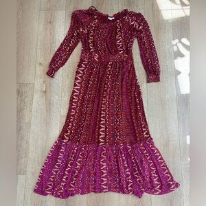 Knox Rose Boho Midi Dress Burgundy Pink Geometric Print Smocked Waist Medium